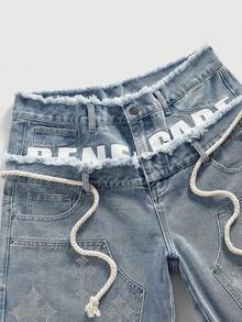 ROMWE MEN Street Life Quần short denim dáng rộng dành cho nam có cạp chun đính kim cương lấp lánh - Màu xanh nhạt - Xem 3