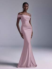 Elitara Elegant Ruched Off-Shoulder Mermaid Dress, Suitable For Weddings, Parties, Vacations, Prom, Bridesmaid (Adult) - Baby Pink - View 5