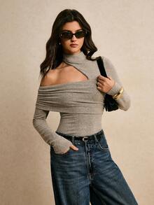 Poéselle 女士休闲时尚街头风简约纯色领口镂空褶皱长袖修身T恤，春秋季 - 杏色 - 查看 6