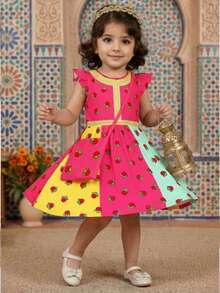 1pc Young Girl Sweet Middle Eastern Red Rose Print + Color Block Cap Sleeve Dress With Crossbody Bag, Lightweight, Cute Dress For Daily & Festivals, Summer - Multicolor - View 1