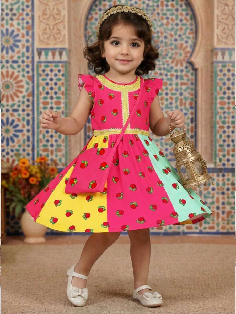 1pc Young Girl Sweet Middle Eastern Red Rose Print + Color Block Cap Sleeve Dress With Crossbody Bag, Lightweight, Cute Dress For Daily & Festivals, Summer - Multicolor - View 1