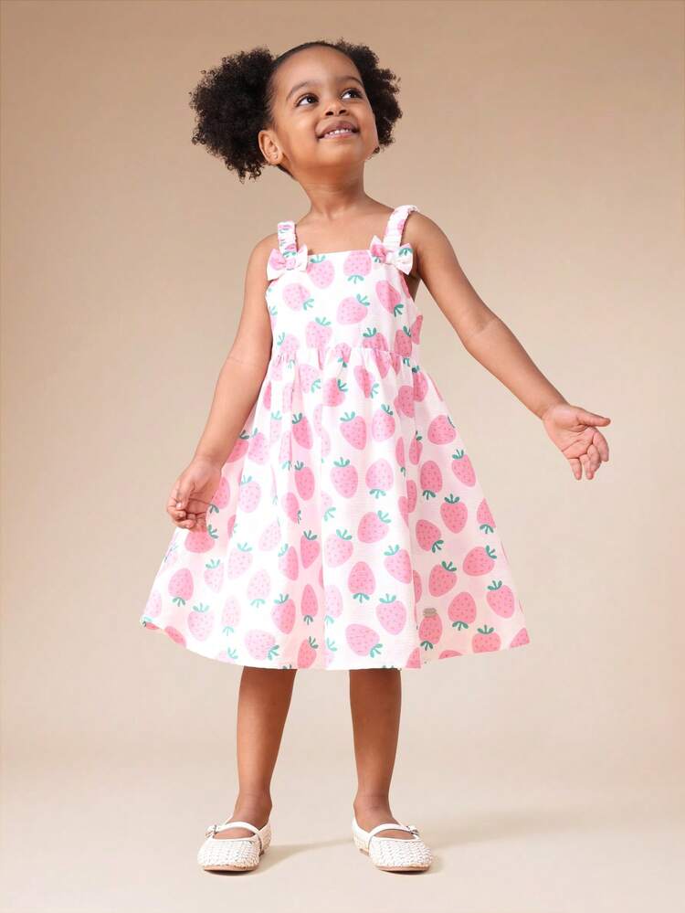 Strawberry Print Sleeveless Dress With Bow