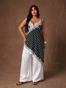 Rustia Asymmetrical Polka Dot Contrast Lace Slip Dress, Sexy