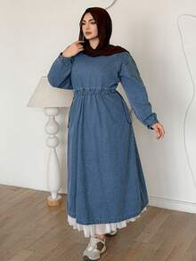 Dazy Plus 纯色复古休闲长款牛仔裙，收腰设计，休闲大码女式长袖连衣裙，春秋季 - 中等水洗藍 - 查看 1