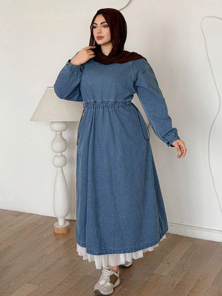 Dazy Plus 纯色复古休闲长款牛仔裙，收腰设计，休闲大码女式长袖连衣裙，春秋季 - 中等水洗藍 - 查看 1