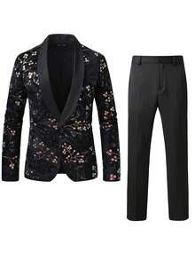 Manfinity AFTRDRK Sequin Patchwork Long Sleeve Blazer And Slant Pocket Pants Suit Set - Black - View 3