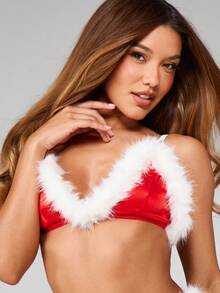 Missguided x Playboy Christmas Santa Inspired Bralette And Thong Set With White Faux Fur Trim And Decorative Strappy Details