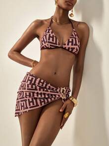 Écloséra 3pcs Women's Summer Beach Fashion Full Print Letter Halter Neck Tie Top, Regular Triangle Bottoms, And Irregular D-Ring Accent Mini Skirt Bikini Set - Multicolor - View 3