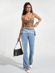 Jeanoix Women's Casual Washed Flare Jeans With Belt - Blue - View 5