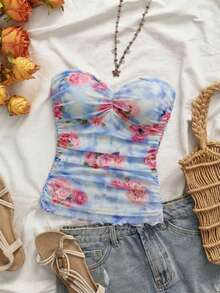 KARISMINA Vacation Knit Mesh Printed Fitted Camisole Top For Women - Multicolor - View 1