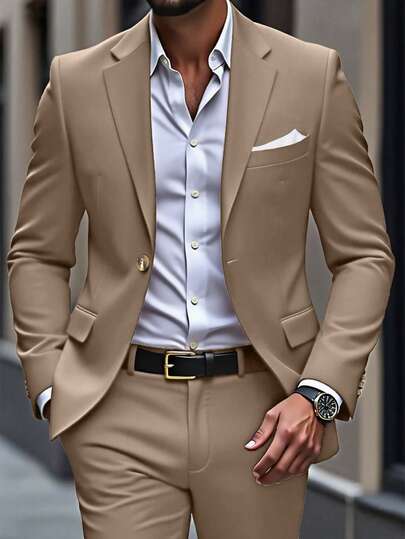 Manfinity Mode ชุดสูทธุรกิจ เสื้อแจ็คเก็ตกระดุมแถวเดียวแขนยาวคอปกสำหรับผู้ชายไซส์ใหญ่ และกางเกง