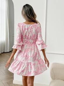 Easowa Square Neck Puff Sleeve Ruffle Hem A-Line Dress, Floral Print Casual Loose Elegant Commuter Vacation Dress For Women, Spring/Summer Pink Floral Dress Women Pink Flower Dress Cottagecore Dress - Multicolor - View 7