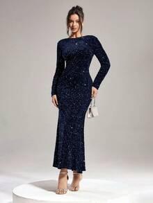 Coutiva Women's Sequin Solid Color Backless Twist Fitted Elegant Long Sleeve Formal Evening Gown,Blue Sparkly Mermaid Banquet Dress For Wedding,Party & Ball - Navy Blue - View 5