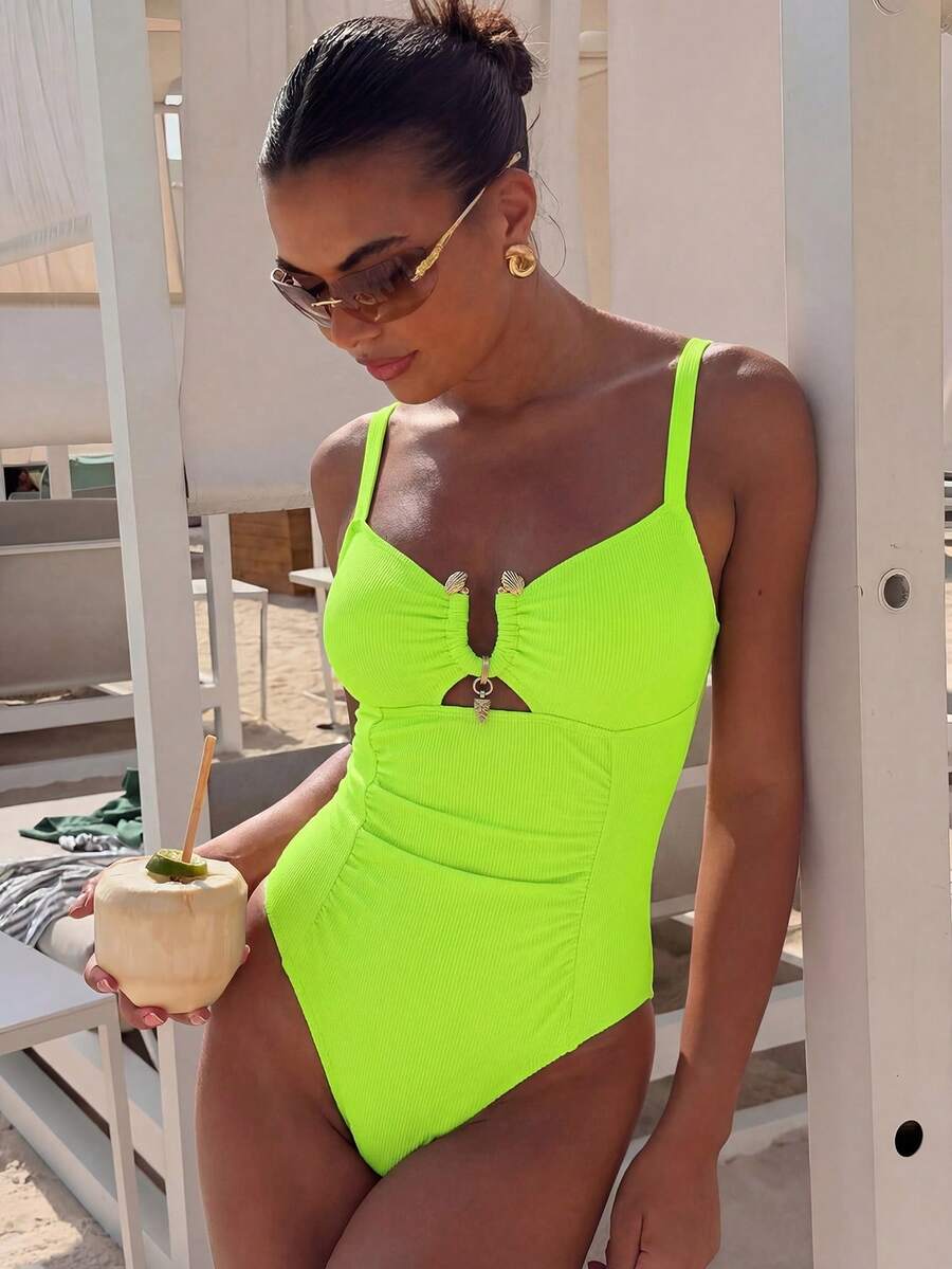 SHEIN Swim 2026 Spring/Summer New Neon Yellow Adjustable Strap Gold Decor Ruched Elegant One-Piece Bikini Swimsuit - Lime Green - View 1