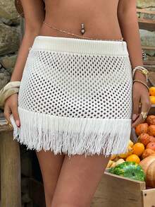 Sunnyshic 女士白色紧身迷你裙，夏季性感流苏镂空休闲百搭裙 - 杏色 - 查看 5