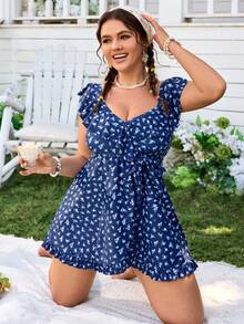 Swim Mod Plus Size Women's Floral V-Neck Ruffle Hem Sweet Beach Vacation Bikini Set, Spring/Summer - Multicolor - View 6