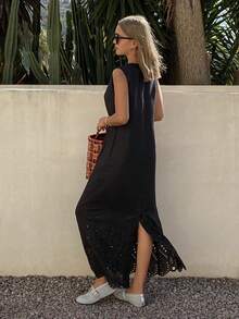 Livesso Women's Loose Casual Hollow Embroidery Pattern Dress, Suitable For Music Festival, Valentine's Day, Wedding, Beach Vacation, Deep V-Neck Sleeveless Dress, Spring/Summer - Black - View 4