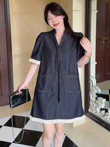 DAZY Gaun Denim Washed Leher V Warna Kontras Retro untuk Wanita, Cocok untuk Sekolah - Biru - View 4