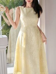 DAZY 女士优雅印花无袖连衣裙，夏季婚礼宾客礼服 - 黃色 - 查看 6