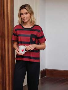 Doze Lane Striped Pocket & Heart Embroidery Women Short Sleeve Pajama Set - Multicolor - View 3