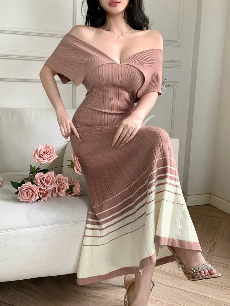 Women's Elegant Colorblock Striped Collar Knit Dress, Summer, Wedding Guest Dress Women Dress Off The Shoulder