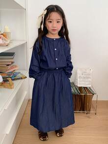 DAZY 2件套 女童（小号）休闲圆领长袖韩版衬衫和裙子套装 - 藍色 - 查看 5