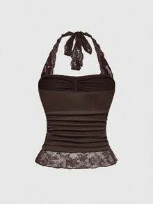 ROMWE Goth 哥特风 Y2K 性感撞色蕾丝露脐吊带短款上衣，交叉腰部褶皱紧身设计 - 棕色 - 查看 2
