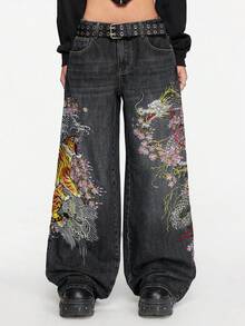 ROMWE Grunge Punk 男女皆宜的复古街头风中国虎纹花卉刺绣宽松阔腿牛仔裤 - 黑色 - 查看 1