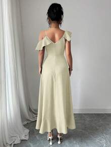 Elenzga Solid Color Spaghetti Strap Cold Shoulder Ruffle Hem Elegant Faux Denim Dress - Apricot - View 2