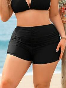 Swim Lushoire Plus Size Women's Ruched Slimming Black Beach Swim Shorts, Suitable For Summer Beach - Black - View 5