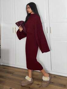 Ronhire 2pcs Women's Casual Knitted Sweater Top And Long Skirt Set, Loose Fit Turtleneck Long Sleeve Crop Top And Skirt, Autumn/Winter - Red - View 3