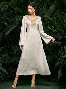 Al Najma Women's Chiffon Leopard Print Long Sleeve Tie Neck Elegant Floral Print Arabic Dress, Spring/Summer - Apricot - View 4