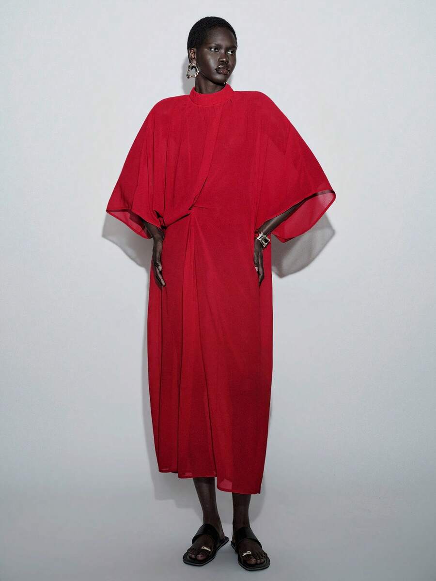 Lumivelle 女士中东风情休闲高领扭腰透视长裙 - 紅色 - 查看 1