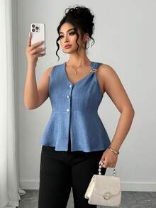 SHEIN PETITE CURVE Plus Size Women Elegant Sleeveless Blouse, Commuter Chic Top, Versatile For Work, Spring/Summer Summer Peplum Top Peplum Tops - Blue - View 8