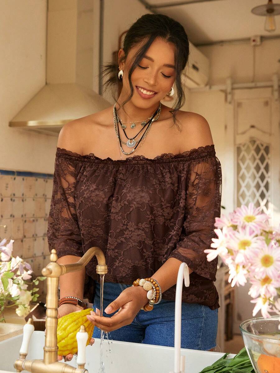 Freevana 大码露肩薄纱纹理上衣，可爱度假风，情人节夏季乡村复古风。 - 咖啡棕 - 查看 1