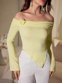 Modelyn Delicate Yellow Off-Shoulder Ruched Floral Decor Sexy Going Out Date T-Shirt - Light Yellow - View 6