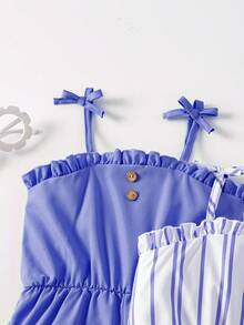 SHEIN Elladie kids Combinaison décontractée pour jeune fille avec motifs floraux, rayures et couleurs unies - Bleu azur - Voir 6