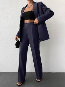 EURMUSE Women's Casual Solid Color Lapel Long Sleeve Blazer And Trousers Suit