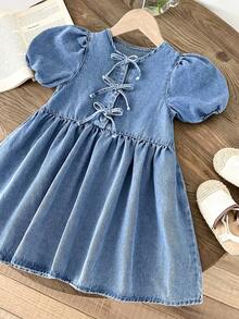 LMoss Kids 女童蓝色牛仔泡泡袖蝴蝶结连衣裙 - 淺色水洗藍 - 查看 8