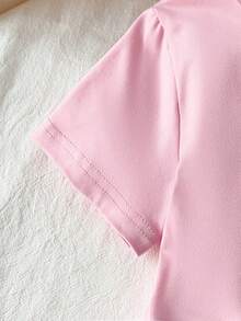 2 Stücke/Set Mädchen elegantes, süßes rosa Patchwork-Set mit Rüschenkragen, Schleifendekor, Kurzarmoberteil und apricotfarbenem Schmetterlingsdruck, weite Hosenbeine, bequeme Homewear - Pink - Übersicht 9