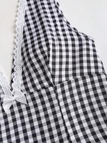 Sweetra New Elegant French Black & White Plaid V-Neck Umbrella Hem Mini Dress, Suitable For Commuting And Everyday Wear - Black and White - View 3