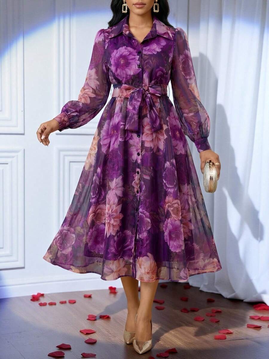 SHEIN Lady Women's Elegant Party Floral All-Over Print Front Button Dress - Purple - View 1