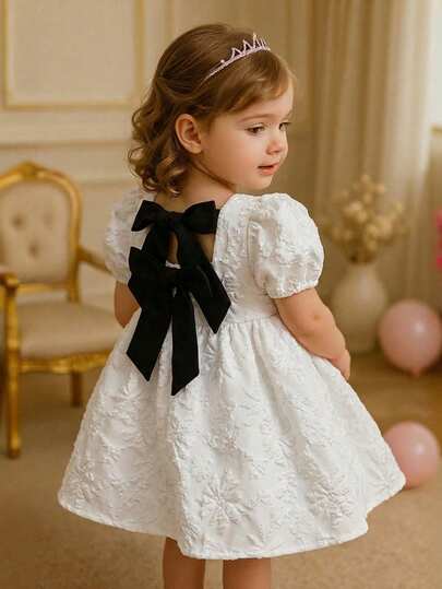 SHEIN Cute Baby Girl Casual Simple Cute Solid Color Jacquard Fabric Color Block Bow Round Neck Puff Sleeve Fitted Waist Princess Dress, Little Dress, First Birthday Gift, Birthday Party, Suitable For Spring And Summer, Chill Vacation, Suitable For Home, Outings, Picnics, And Holidays.