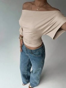 Aloruh 女士纯色露肩褶皱休闲百搭通勤长袖T恤 - 白色 - 查看 5