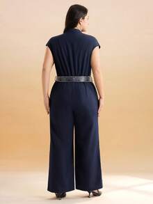 Momelise 大码女式极简V领连帽袖纽扣装饰印花围巾腰带休闲长款阔腿连体裤，适合通勤和户外活动穿着