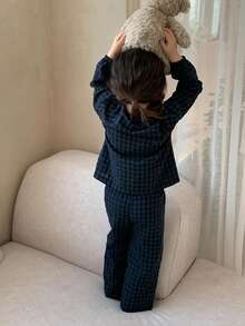 DAZY 女婴格子印花长袖衬衫和宽松长裤睡衣套装（2件套） - 藏蓝色 - 查看 2