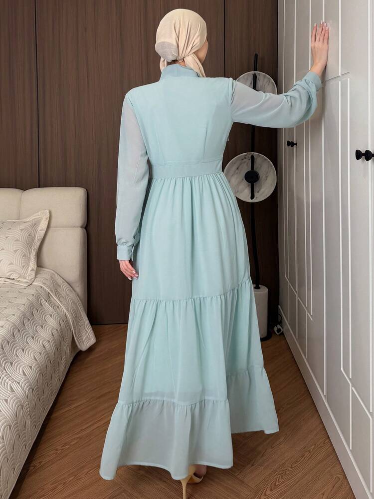 Women's Elegant Solid Color Tie Collar Pleated Long Dress, Spring/Summer Wedding Guest Dress Maxi Dress Sundress