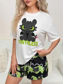 SHEIN How to Train Your Dragon Women Letter & Cartoon Pattern Round Neck Short Sleeve Top And Shorts Pajama Set - Multicolor - View 3