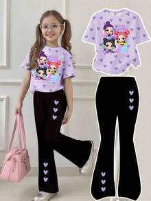 Spring And Summer Young Girls Casual Fashion Creative Personalized Refreshing Minimalist Cool Virtual Girl Group Colorful Pentagram Purple Heart Graphic Letter Slogan Print Casual Short T-Shirt And Flared Pants Set, Comfortable Daily Wear, Cozy Summer And Fall Styles Suitable For Spring, Summer, Autumn 2 Pc Girls Pants And Tops 11 Years Old Clothes For School Big T Shirt And Pants For Girl Flare Pants Set Kids - Multicolor - View 1