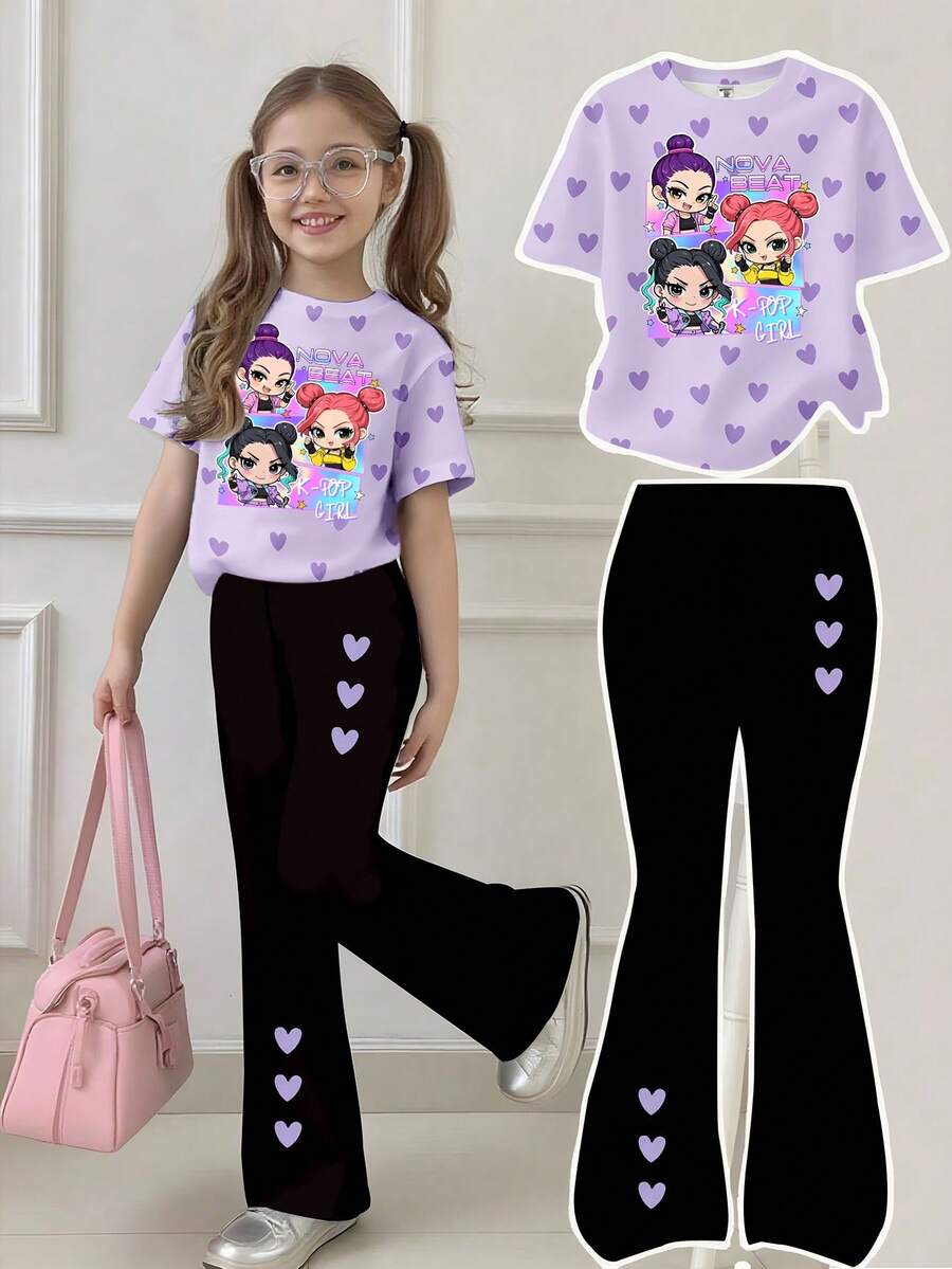 Spring And Summer Young Girls Casual Fashion Creative Personalized Refreshing Minimalist Cool Virtual Girl Group Colorful Pentagram Purple Heart Graphic Letter Slogan Print Casual Short T-Shirt And Flared Pants Set, Comfortable Daily Wear, Cozy Summer And Fall Styles Suitable For Spring, Summer, Autumn 2 Pc Girls Pants And Tops 11 Years Old Clothes For School Big T Shirt And Pants For Girl Flare Pants Set Kids - Multicolor - View 1